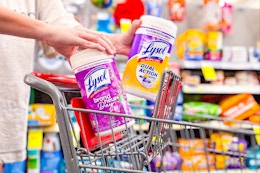 person putting 2 lysol wipe containers in a cart