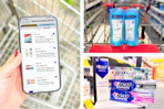 collage with a phone displaying 1-clip coupons, and photos showing crest and secret products