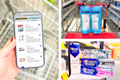 collage with a phone displaying 1-clip coupons, and photos showing crest and secret products