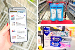 collage with a phone displaying 1-clip coupons, and photos showing crest and secret products