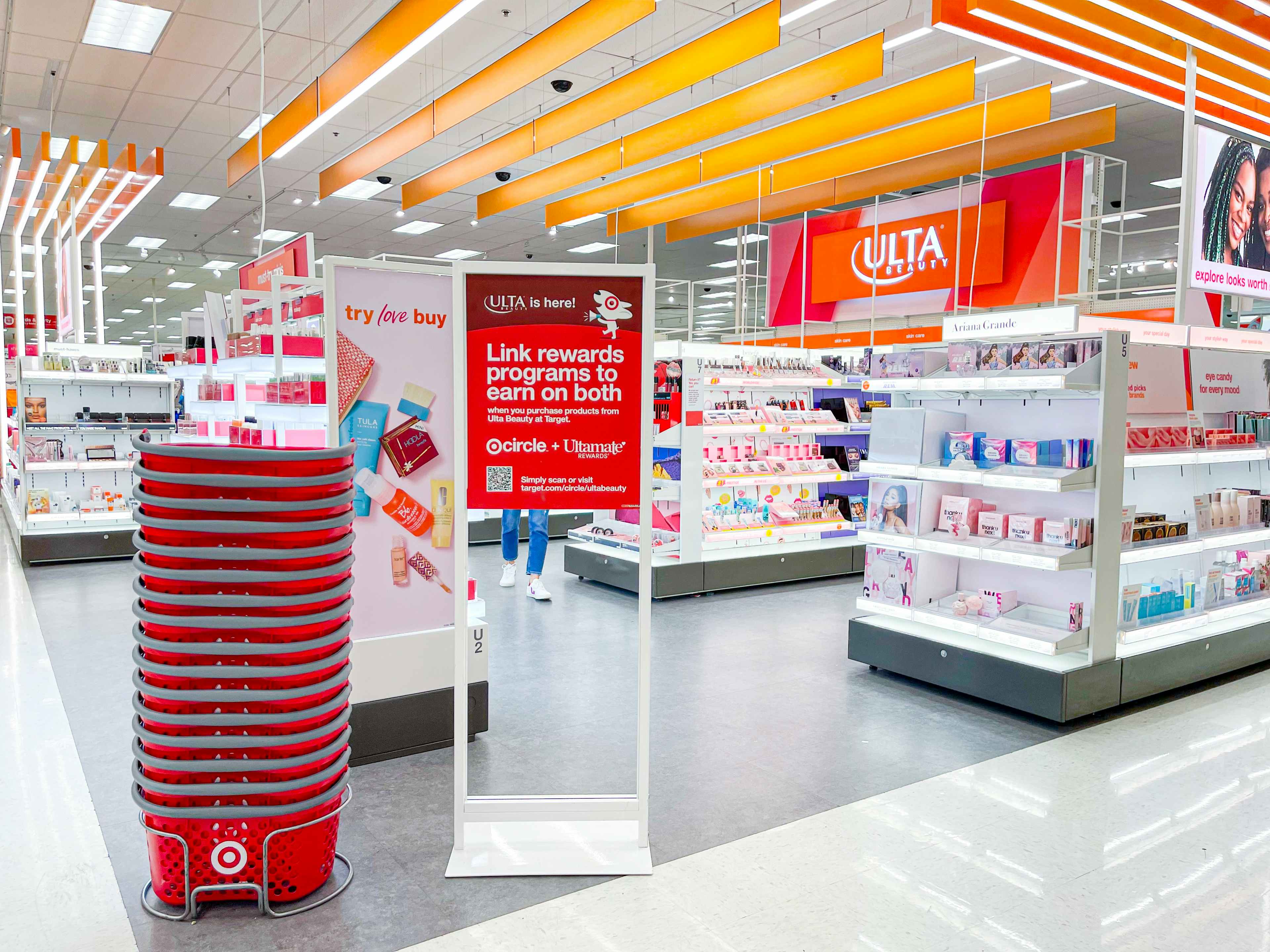 target hand baskets in front of ulta sign in the ulta section inside target