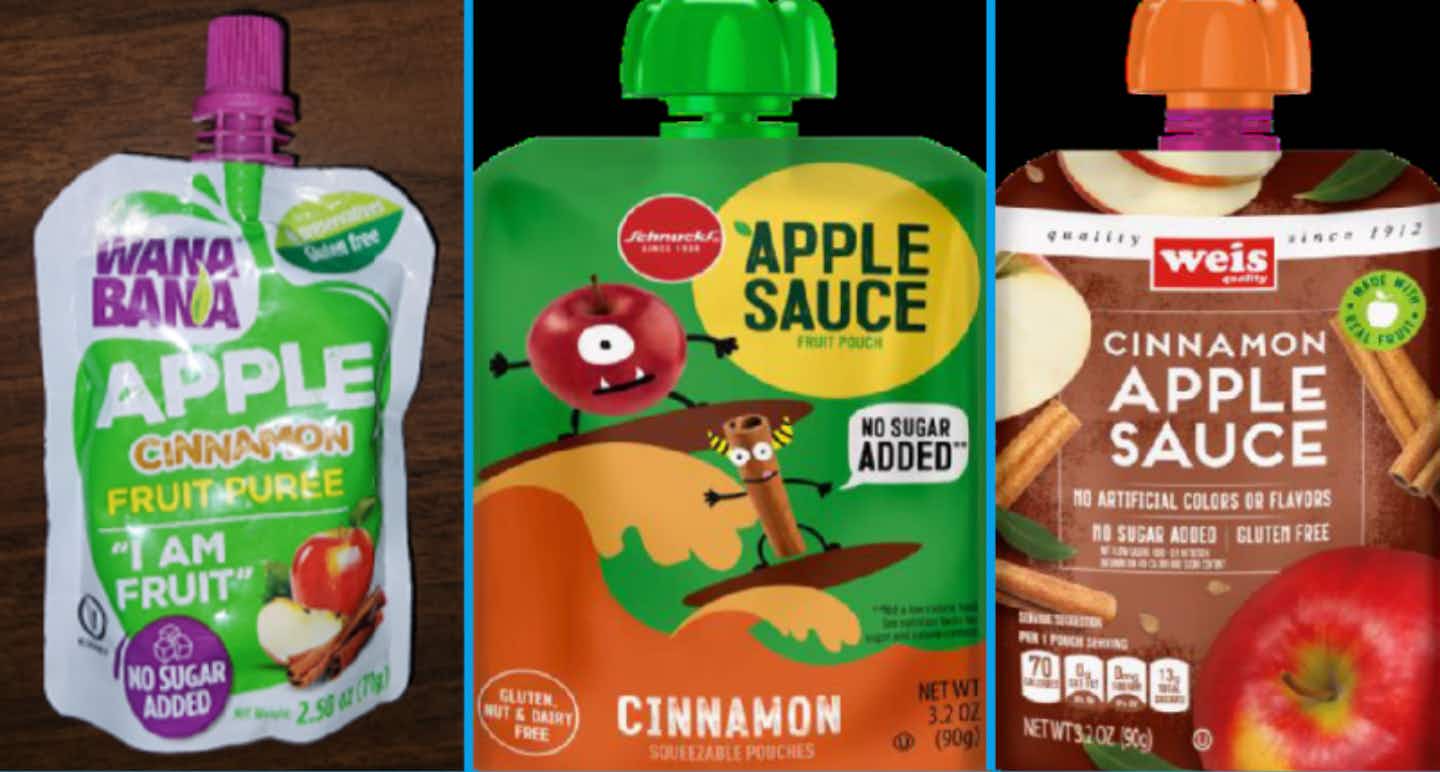 The three different brands of applesauce pouches recalled by the FDA due to excessive lead.