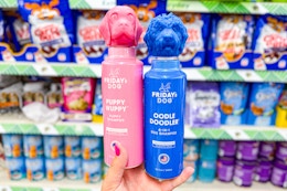 hand holding friday's dog shampoos at dollar tree
