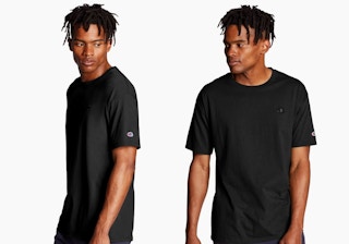 Two angles of a man wearing a black Champion t-shirt.