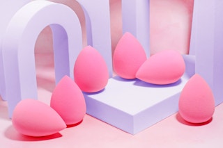 pink makeup sponges on a display