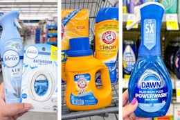 collage image of febreze, arm & hammer detergent, and dawn powerwash