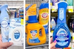 collage image of febreze, arm & hammer detergent, and dawn powerwash