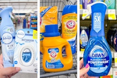 collage image of febreze, arm & hammer detergent, and dawn powerwash