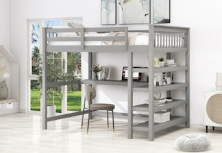 gray loft bed with desk underneath