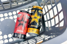 2 rockstar energy drinks in a gray basket