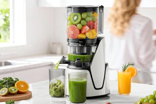a juicer with fruit and veggies juicing in a cup