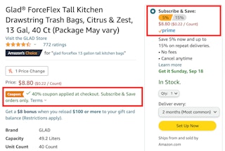 A screenshot of a product page on Amazon with Subscribe & Save selected and a 40% off coupon applied