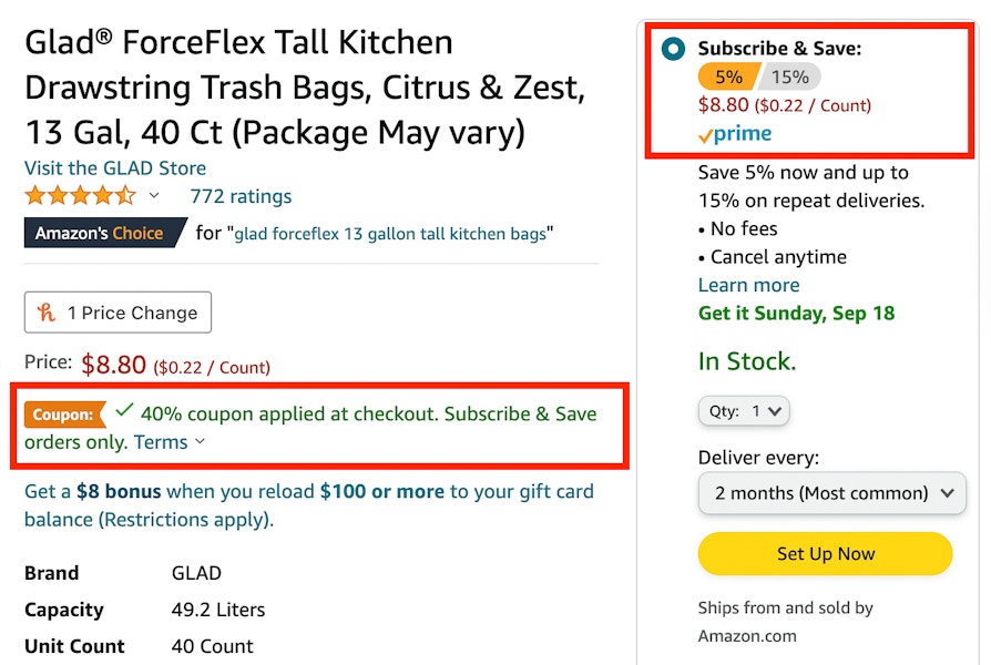 A screenshot of a product page on Amazon with Subscribe & Save selected and a 40% off coupon applied