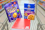 m&m's, Kraft, and pen+gear products in a shopping cart