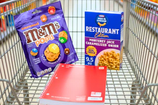m&m's, Kraft, and pen+gear products in a shopping cart
