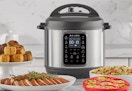 Instant Pot 9-in-1 pressure cooker bundle on a kitchen counter. 