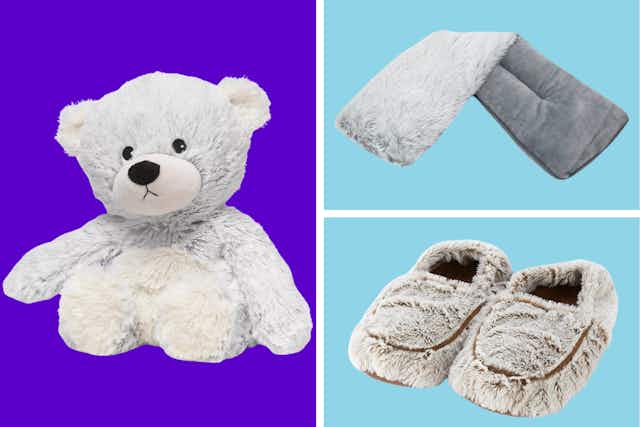 Score $7 Microwavable Warmies Slippers and Neck Wraps, Plus $15 Plushes card image