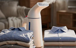 a portable steamer next to a pile of folded shirts 