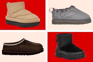 Ugg boots, clogs, and slippers on a red and cream collage background.