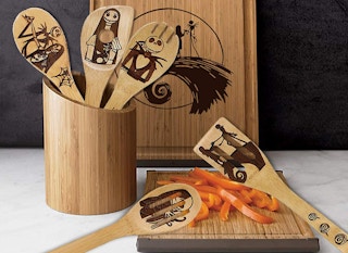 Nightmare Before Christmas bamboo spoons in a holder and on a cutting board