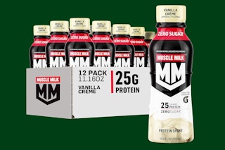 Muscle Milk Genuine Protein Shake 12 pack on a green background
