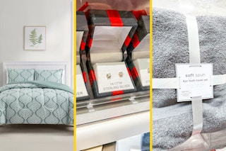 A triptych of home items including bedding, towels and pillowcases