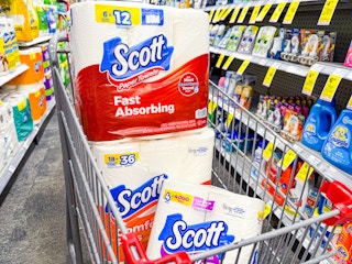scott paper towels and toilet paper in a shopping cart
