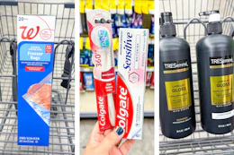 collage image of walgreens food storage bags, colgate oral care, and tresemme shampoo