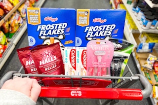 frosted flakes, cough drops, toothpaste, and razors in a cart