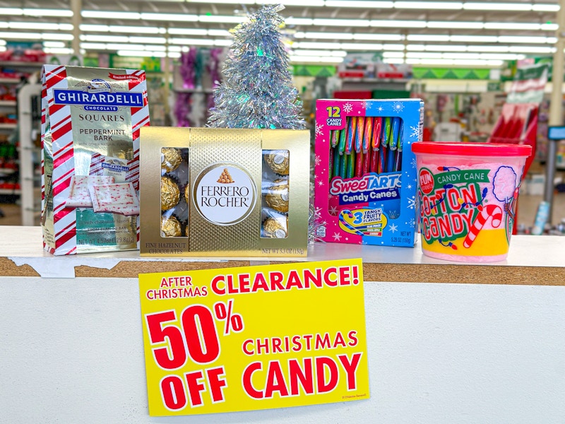 christmas candy on a shelf with a 50% off sign