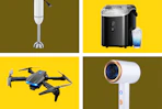 white immersion blender, black nugget ice maker, black drone, and white ionic hair dryer