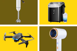 white immersion blender, black nugget ice maker, black drone, and white ionic hair dryer
