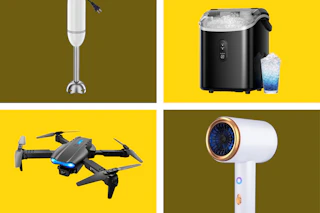 white immersion blender, black nugget ice maker, black drone, and white ionic hair dryer