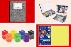 collage with construction paper, composition book, pencil sharpeners, and coloring kit