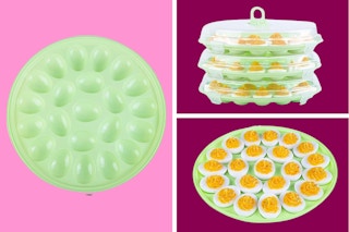 different views of stackable platters with and without deviled eggs inside