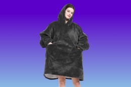 wearable blanket on woman