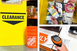 three photos of home depot clearance and scanning items 