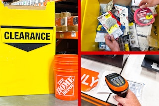 three photos of home depot clearance and scanning items 