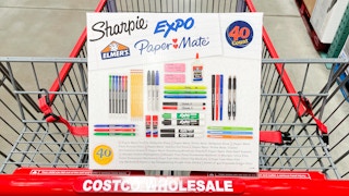 school supplies in a box in a cart at Costco