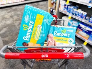 cvs cart with pampers swaddlers thirty two count and wipes