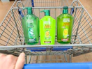 3 garnier shampoo and conditioner bottles sitting in a walmart cart