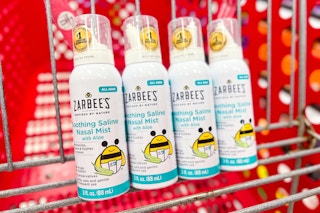 4 Zarbees Nasal Sprays lined in front seat of Target shopping cart