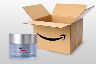 Eucerin Redness Relief Night Creme next to an amazon box