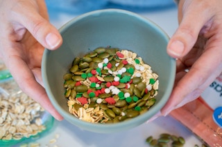 A person holding a bowl filled with sprinkles, oats, and pumpkin seeds