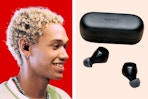 Sony Earbuds in person's ear and a stock image of the product