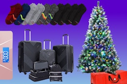 Scale, socks, luggage & Christmas tree with storage bag