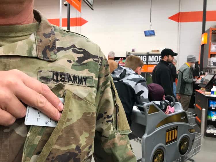 Person pulling out military ID from Army uniform in Home Depot