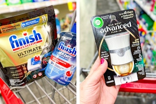 collage image of finish dishwasher tabs, jet dry, and an air wick warmer