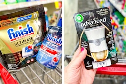 collage image of finish dishwasher tabs, jet dry, and an air wick warmer