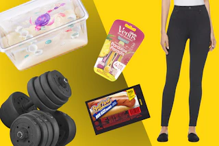 Little Live Pets turtle, Time and Tru jeggings, Ball Park hot dogs, Venus razors, and weights